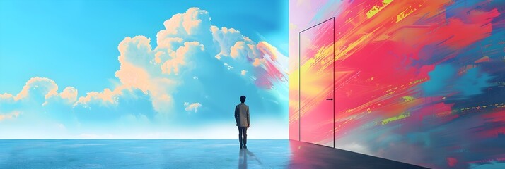 Ethereal Person Looking Out of a Colorful Wall, To provide a dreamy and surreal background for desktops or websites, emphasizing a sense of curiosity - obrazy, fototapety, plakaty