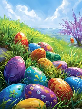 Easter Eggs in Vibrant Grass and Hill Illustration, To add a touch of spring and Easter spirit to any design project