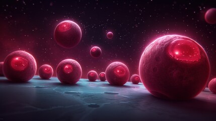 Fototapeta premium a group of red balls floating on top of a body of water in front of a space filled with stars.