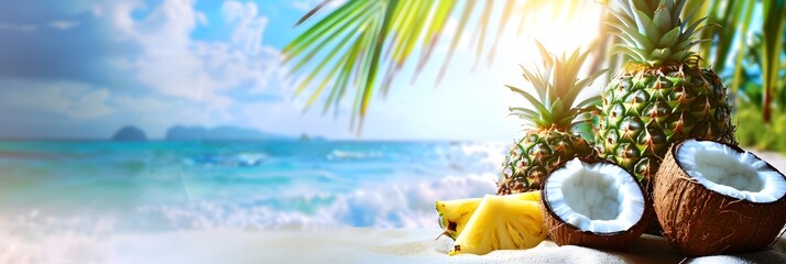 Tropical beach scene with coconuts and pineapples, To provide a visually appealing and minimalist representation of a tropical beach scene with - obrazy, fototapety, plakaty