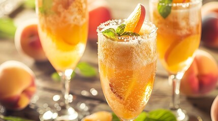 Three Glittery Peach Sangria Cocktails, To convey a sense of luxury, elegance, and refreshing summer vibes, perfect for advertising, product