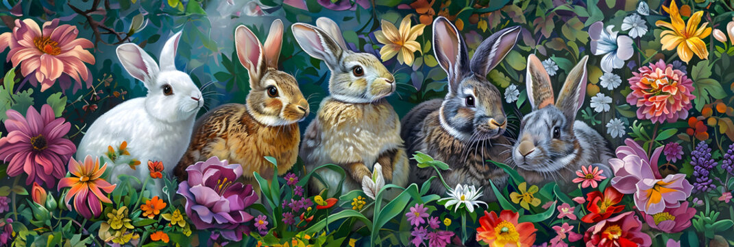 Hyperrealistic Painting of Bunnies in Floral Landscape, To provide a high-quality, visually appealing image of hyperrealistic bunnies in a floral