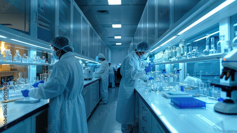 Poster Group of scientists in a high-tech laboratory with shiny complex instrumentation filling the room. Generative AI.