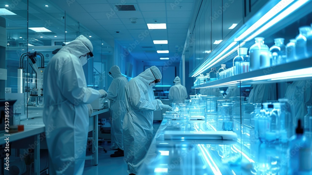 Aufkleber Group of scientists in a high-tech laboratory with shiny complex instrumentation filling the room. Generative AI.