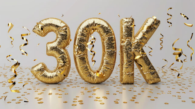 30k followers celebration. Social media achievement. 30k followers thank you lettering. Golden sparkling confetti ribbons.