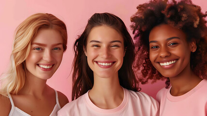 group of three multiethnic women dressed in pink on a pink background, concept of women's empowerment