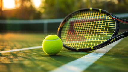 image of detail of tennis racket and ball on tennis court - Powered by Adobe