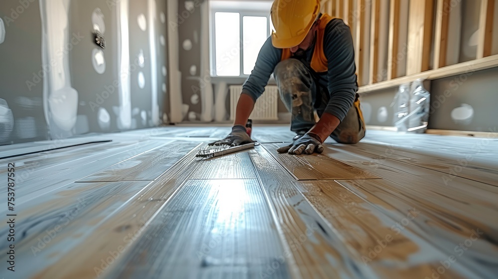 Poster construction worker installing a new laminate flooring. generative ai.