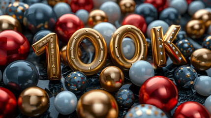 100k followers celebration. Social media achievement. 100k followers thank you lettering with colorful balls.