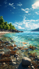 Beautiful tropical landscape with green island on background.