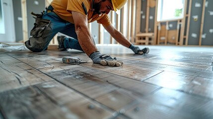 Construction worker installing a new laminate flooring. Generative AI. - obrazy, fototapety, plakaty