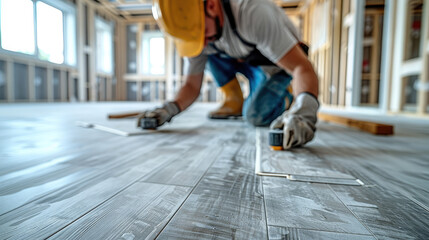 Construction worker installing a new laminate flooring. Generative AI. - obrazy, fototapety, plakaty