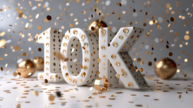 10k followers celebration. Social media achievement. 10k followers thank you lettering. Golden sparkling confetti ribbons.