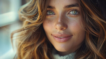 Portrait of an attractive young woman with freckles - obrazy, fototapety, plakaty