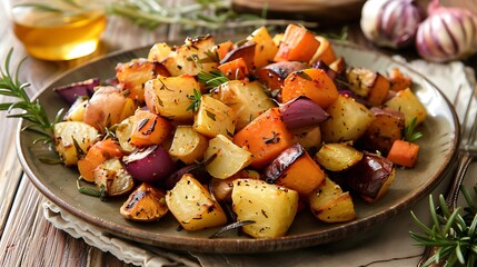 A plate of roasted root vegetables fresh out of the oven - obrazy, fototapety, plakaty