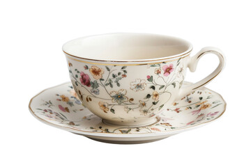 Floral patterned porcelain tea cup and saucer isolated on transparent background