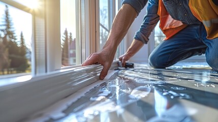 A person applying weatherstripping to drafty windows in a bright, airy room. Generative AI.