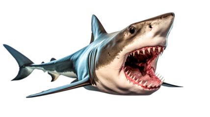 White shark marine predator with big open mouth and teeth isolated on transparent background. 

