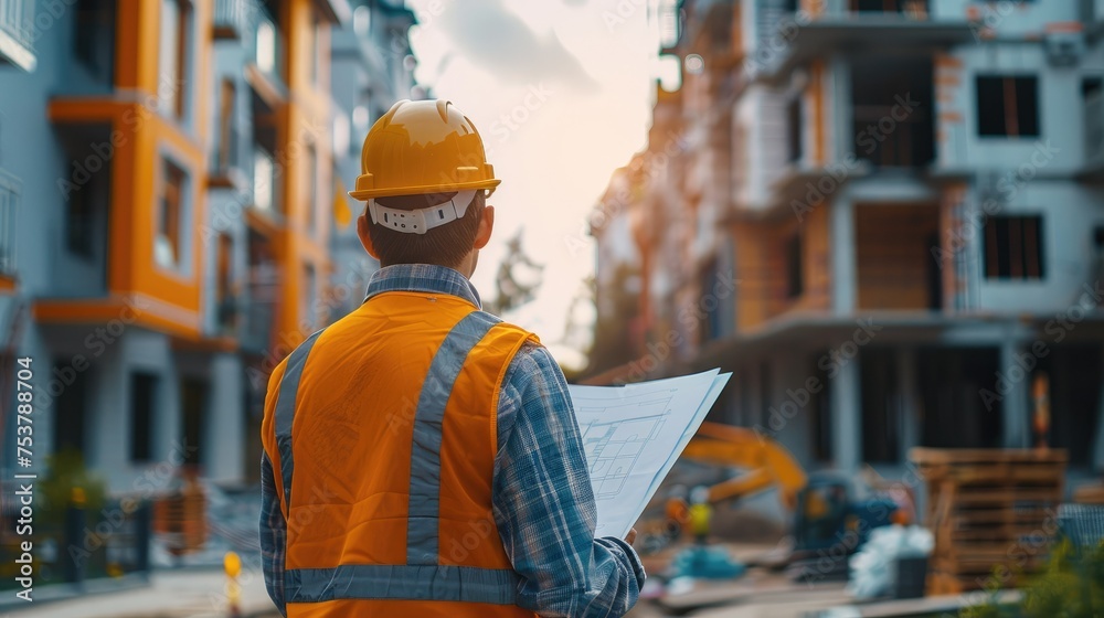 Poster engineer holding blueprint paper working at house construction site. generative ai.