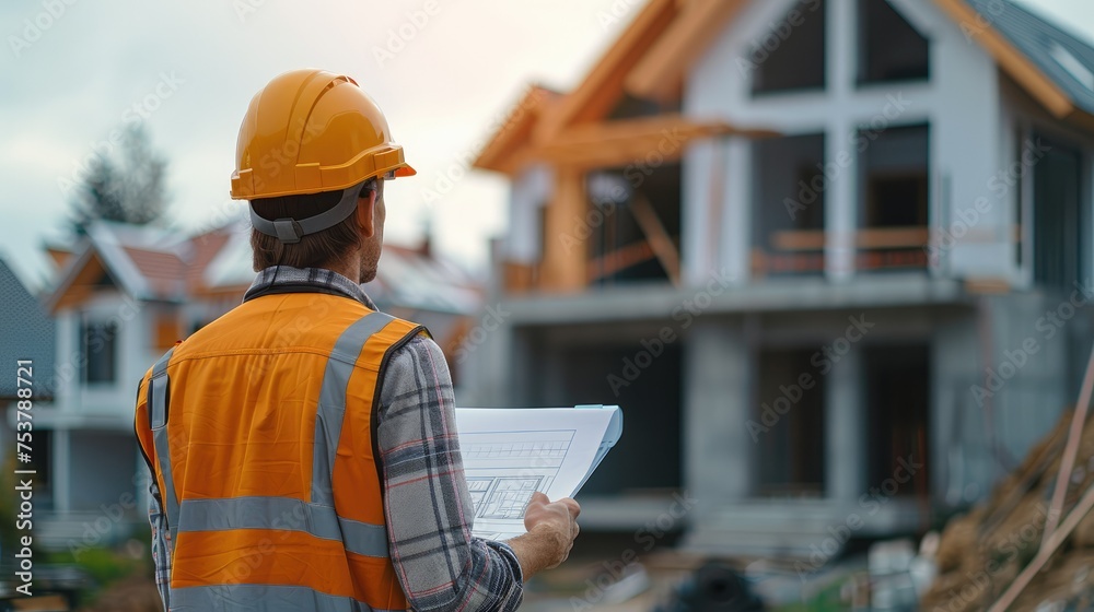 Poster engineer holding blueprint paper working at house construction site. generative ai.