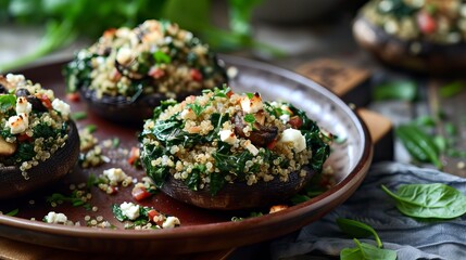 Fototapeta na wymiar Spinach and Feta Stuffed Portobello Mushrooms with Quinoa Pilaf. Food Illustration