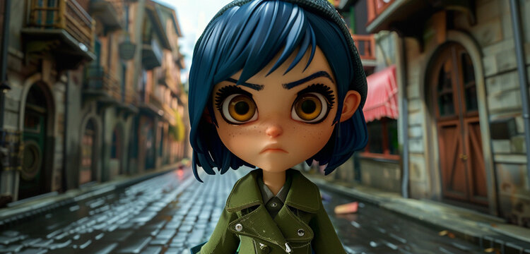 A hyper-realistic 4D image of a chibi girl with indigo hair