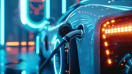 Futuristic electric vehicle being charged at charging station. - obrazy, fototapety, plakaty