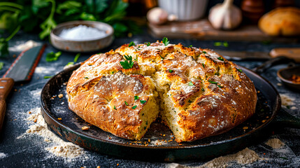 Macro shot of Irish soda bread with ingredients and utensils in background, captured with 50mm f/1.8 lens. Creative food photography created with Generative AI technology.