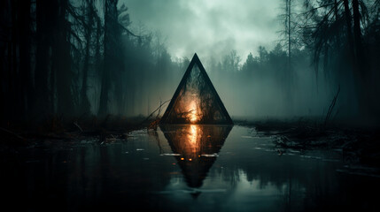 Fototapeta premium Eerie Shadows in the Mist: A Spooky Swamp Scene, created with Generative AI technology