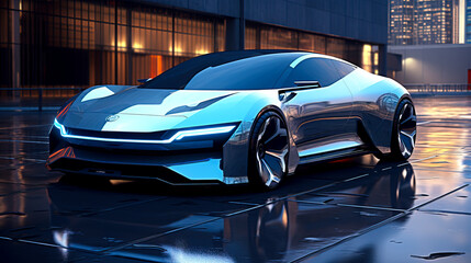 Naklejka premium Blue Light Dreams: A Futuristic Electric Car Journey in Photo Realism created with Generative AI technology