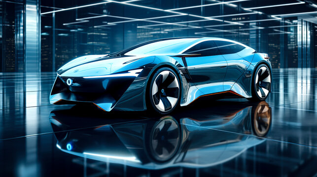 Blue Light Futuristic Electric Car in Photo Realism created with Generative AI technology