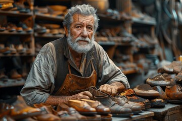 A seasoned cobbler with leather apron is fixing a shoe, surrounded by his tools and shoes on shelves