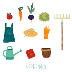 Colorful gardening tools elements illustration hand painted with gouches isolated on white background - 753790362