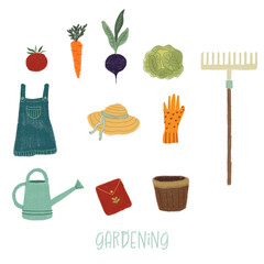 Colorful gardening tools elements illustration hand painted with gouches isolated on white background - 753790376