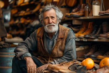 A senior shoemaker relaxes among leather shoes and oranges in his cozy, traditional workshop - Powered by Adobe