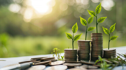 Stacks of coins with young plants sprouting on top, symbolizing financial growth, investment, and sustainable finance against a sunlit backdrop.
