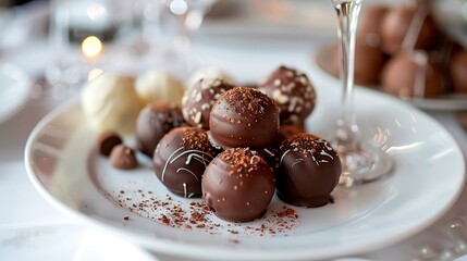 A plate of gourmet chocolate truffles, on a clean white plate