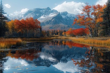 Obraz premium A stunning landscape of mountains reflected in the clear waters of a lake lined with colorful autumn trees