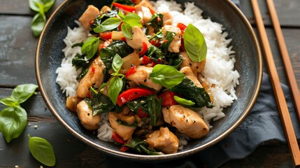 Thai Basil Chicken Stir-Fry with Jasmine Rice. Food Illustration
