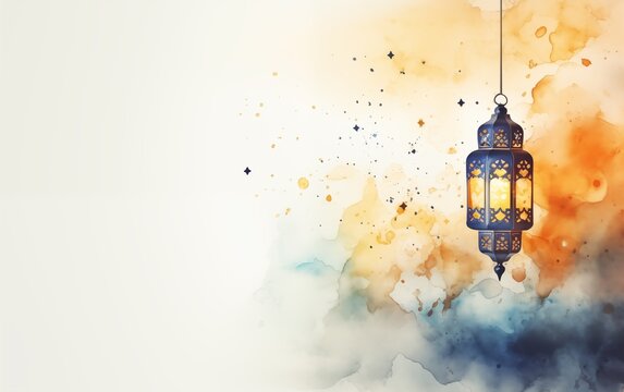 Ramadan kareem and eid fitr islamic concept background lantern illustration in watercolor painting style for wallpaper, poster, greeting card and flyer.
