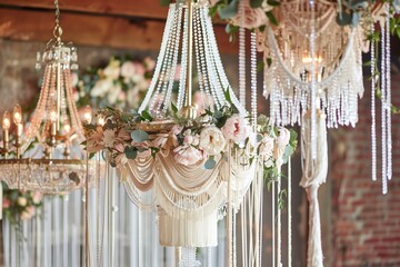 wedding setting with white fringe chandeliers and hanging flowers
