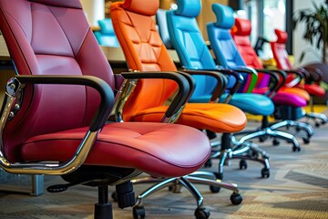 A row of colorful office chairs are lined up in a room