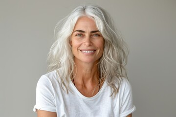 Fototapeta premium Smiling white-haired woman in a white t-shirt on a white background.