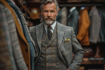 Sophisticated middle-aged man in tailored herringbone suit posing confidently in a high-end, vintage-style men's boutique