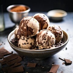 Vegan ice cream balls in bowl on the table.  Food Illustration
