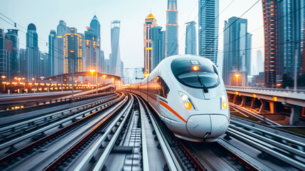 Modern white high-speed train among new skyscrapers. Generative AI. - obrazy, fototapety, plakaty