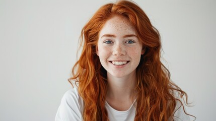 Naklejka premium Smiling redhead girl. White t-shirt on white background.