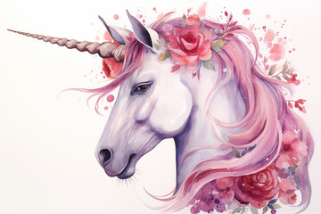 Obraz na płótnie Canvas watercolor painting the portrait of pink unicorn decorated with floral isolate on clean white background