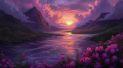 Poster a painting of a sunset over a body of water with purple flowers in the foreground and mountains in the background. © Liel