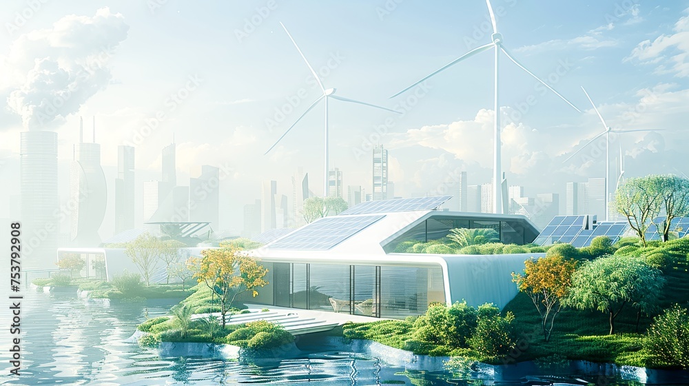 Poster wind turbines elegantly integrated into the city architecture, solar panels covering the rooftops of